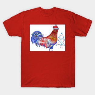 Merry Christmas Rooster Watercolor Painting T-Shirt